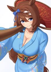 Rule 34 | 1girl, absurdres, animal ears, blue bow, blue eyes, blue kimono, bow, braid, breasts, brown hair, cleavage, collarbone, from above, hair between eyes, hair bow, hand fan, highres, holding, holding fan, horse ears, horse girl, horseshoe ornament, horseshoe print, hukahito, japanese clothes, kimono, large breasts, long hair, looking at viewer, obi, orange bow, robe, sash, simple background, smile, solo, super creek (umamusume), tracen ondo outfit (umamusume), umamusume, very long hair, white background, yellow robe, yukata