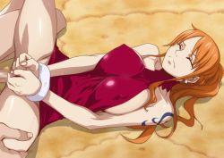 Rule 34 | 1boy, 1girl, bare arms, bare shoulders, bottomless, breasts, censored, clothed female nude male, curvy, dress, earrings, closed eyes, hetero, jewelry, kyabakurabakufu, large breasts, long hair, missionary, nami (one piece), nude, one piece, orange hair, penis, ponytail, rape, red dress, sex, single earring, tattoo, thick thighs, thighs, vaginal