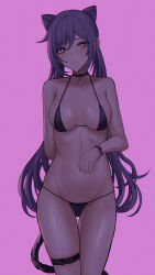 Rule 34 | 1girl, arm behind back, bikini, blush, breasts, choker, cleavage, closed mouth, collarbone, double bun, genshin impact, hair bun, highres, keqing (genshin impact), large breasts, long hair, looking at viewer, navel, purple background, purple eyes, purple hair, selcky, sideboob, simple background, solo, swimsuit, thigh strap, thighs
