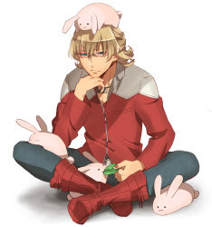 Rule 34 | 10s, 1boy, bad id, bad pixiv id, barnaby brooks jr., belt, blonde hair, blue eyes, boots, rabbit, feeding, glasses, hand on another&#039;s chin, hand on own chin, jacket, leaf, male focus, murakami yuichi, red jacket, short hair, sitting, solo, studded belt, sunglasses, tiger &amp; bunny, too many