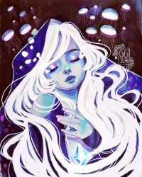 Rule 34 | 1girl, blue skin, cloak, closed eyes, clothing cutout, colored skin, commentary, gigis lab, highres, jellyfish, long hair, original, painting (medium), pink nails, shoulder cutout, signature, sleeves past wrists, solo, tears, traditional media, underwater, upper body, watercolor (medium), white hair