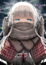 Rule 34 | 1girl, backlighting, blue eyes, blunt bangs, brown mittens, brown scarf, capelet, christmas, christmas lights, covered mouth, earmuffs, enpera, fur-trimmed capelet, fur trim, genek, gift, gingham, hair ornament, holding, holding gift, long hair, looking at viewer, mittens, night, original, outdoors, red capelet, scarf, scarf over mouth, sky, solo, star (sky), starry sky, upper body, white hair
