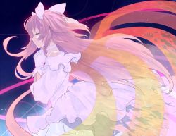 Rule 34 | 10s, 1girl, alternate hairstyle, bad id, bad pixiv id, bow, closed eyes, dress, female focus, gloves, gradient background, hair bow, kaname madoka, long hair, magical girl, mahou shoujo madoka magica, mahou shoujo madoka magica (anime), onoguru, own hands clasped, own hands together, pink hair, solo, spoilers, tears, twintails, two side up, ultimate madoka, very long hair, white gloves