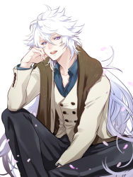 Rule 34 | 1boy, :d, black pants, brown scarf, fate (series), jacket, long hair, looking at viewer, male focus, merlin (fate), merlin (traveling outfit) (fate), open mouth, pants, purple eyes, scarf, sitting, smile, solo, very long hair, white background, zuwai kani