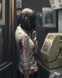 Rule 34 | 1girl, absurdres, black hair, black pants, blood, blood on clothes, dollar sign, guweiz, hand up, highres, holding, holding phone, long sleeves, original, pants, phone, phone booth, shirt, sign, solo, sticky note, talking on phone, wanted, water drop, wet, white shirt