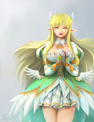 Rule 34 | 10s, 1girl, 2012, blonde hair, closed eyes, detached collar, dress, elsword, gloves, grand archer (elsword), grey background, hair ornament, long hair, pointy ears, puffy sleeves, rena erindel, riskyin, smile, solo, tears
