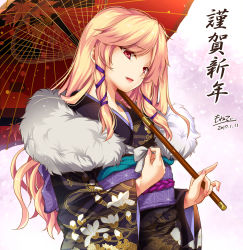 Rule 34 | 1girl, 2017, alternate costume, blonde hair, dated, floral print, flower knight girl, from side, fur, furisode, hair ribbon, highres, holding, holding umbrella, japanese clothes, kimono, long hair, long sleeves, looking at viewer, looking to the side, monety, new year, obi, oil-paper umbrella, parted lips, purple ribbon, red eyes, ribbon, sash, sidelocks, signature, smile, solo, translated, tress ribbon, umbrella, upper body, veronica (flower knight girl), wide sleeves