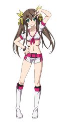 Rule 34 | 10s, 1girl, belt, black socks, boots, breasts, brown hair, cleavage, full body, green eyes, hair ribbon, highres, huang lingyin, infinite stratos, knee boots, kneehighs, long hair, looking at viewer, navel, ribbon, shirt, short shorts, shorts, small breasts, smile, socks, solo, tied shirt, transparent background, twintails, v, white footwear, yellow ribbon