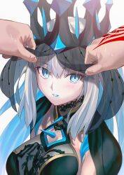 Rule 34 | 1girl, aora, black dress, blue dress, blue eyes, blue lips, braid, breasts, command spell, crown, dress, fate/grand order, fate (series), grey hair, highres, large breasts, long hair, long sleeves, looking at viewer, morgan le fay (fate), morgan le fay (queen of winter) (fate), ponytail, revision, sidelocks, solo, two-tone dress, veil, very long hair