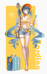 Rule 34 | 1girl, absurdres, bare legs, bikini, bikini top only, bikini under clothes, blue eyes, blue hair, blue nails, border, bow, bra, bracelet, breasts, cleavage, collarbone, denim, denim shorts, floating hair, flower, food, full body, grey shorts, hair between eyes, hand on own hip, hat, hat bow, hat flower, hatsune miku, highres, holding, holding food, holding instrument, hood, hooded jacket, instrument, jacket, jewelry, long hair, maple, maple (maplehy), midriff, nail polish, navel, open clothes, open jacket, orange bow, orange hat, parted lips, polka dot, polka dot bow, popsicle, see-through, see-through jacket, short shorts, short sleeves, shorts, small breasts, solo, standing, stomach, sunglasses, swimsuit, thigh gap, thigh strap, toenail polish, toenails, twintails, underwear, very long hair, vocaloid, white border, white bra, white flower, yellow background, yellow collar, yellow jacket, yellow theme