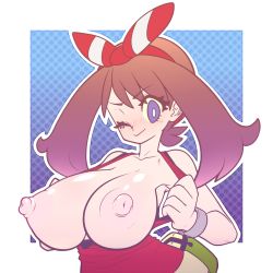 Rule 34 | 1girl, absurdres, bike shorts, blue eyes, blush, bow, breasts, breasts out, brown hair, creatures (company), game freak, hair bow, highres, kaikoinu, large breasts, may (pokemon), nintendo, nipples, one eye closed, pokemon, pokemon oras, shiny skin, short hair, simple background, smile, solo, upper body, wink