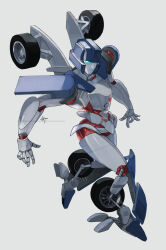 Rule 34 | autobot, blue eyes, from above, from side, full body, grey background, highres, looking at viewer, mecha, mirage (transformers), mmt0180, no humans, redesign, robot, signature, smile, solo, transformers