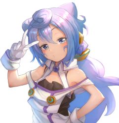 Rule 34 | 1boy, blue eyes, blue hair, gloves, hacka doll, hacka doll 3, hair between eyes, hand on own hip, hand up, highres, long hair, looking at viewer, male focus, otsukemono, simple background, solo, trap, v, white background, white gloves