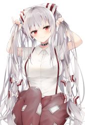 Rule 34 | 1girl, arms up, blush, bow, breasts, choker, closed mouth, commentary request, cowboy shot, fang, fujiwara no mokou, furrowed brow, hair bow, hand in own hair, highres, hiiro60, holding, holding own hair, large breasts, long hair, ofuda, pants, pinky out, red eyes, red pants, shirt, silver hair, simple background, sitting, skin fang, smile, solo, spiked choker, spikes, suspenders, touhou, two-tone bow, two side up, very long hair, white background, white shirt