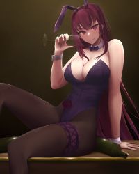 Rule 34 | 1girl, absurdres, animal ears, black pantyhose, blush, breasts, cleavage, cup, detached collar, drinking glass, eko.art, fake animal ears, fate/grand order, fate (series), highleg, highleg leotard, highres, large breasts, leotard, long hair, looking at viewer, official alternate costume, pantyhose, playboy bunny, purple hair, purple leotard, purple neckwear, rabbit ears, red eyes, scathach (fate), scathach (piercing bunny) (fate), thighs, wine glass, wrist cuffs