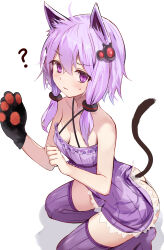 Rule 34 | 1girl, ?, animal ears, animal hands, ass, bare shoulders, blush, breasts, butt crack, cat ears, cat girl, cat tail, cleavage, closed mouth, criss-cross halter, dress, efe, gloves, halterneck, highres, kemonomimi mode, kneeling, long hair, looking at viewer, no shoes, paw gloves, pink hair, purple dress, purple eyes, purple thighhighs, short dress, sleeveless, sleeveless dress, small breasts, solo, sweatdrop, tail, thighhighs, vocaloid, voiceroid, yuzuki yukari
