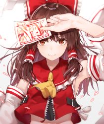 Rule 34 | 1girl, adapted costume, ascot, black cola, brown hair, detached sleeves, gohei, gradient background, hair tubes, hakurei reimu, heart, heart-shaped pupils, highres, looking at viewer, short hair, solo, symbol-shaped pupils, touhou, upper body, yellow ascot