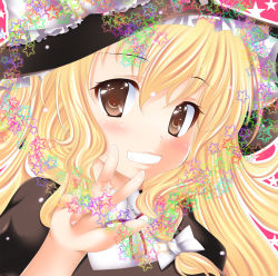 Rule 34 | 1girl, aono (artist), aono yami, bad id, bad pixiv id, blonde hair, blush, bow, braid, brown eyes, dress, face, female focus, gesture, grin, hair bow, hair ornament, hat, heart, kirisame marisa, long hair, open mouth, ribbon, smile, solo, star (symbol), touhou, witch, witch hat