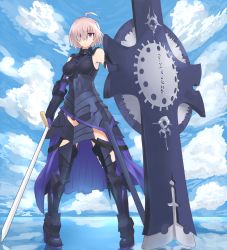 Rule 34 | 1girl, ahoge, armor, armored dress, bare shoulders, black dress, black thighhighs, breasts, closed mouth, cloud, cloudy sky, day, dress, elbow gloves, eyes visible through hair, fate/grand order, fate (series), full body, gloves, greaves, hair over one eye, highres, holding, holding sword, holding weapon, light purple hair, looking at viewer, mash kyrielight, medium breasts, purple eyes, shield, short hair, shunichi, sky, solo, standing, standing on liquid, sword, thighhighs, weapon