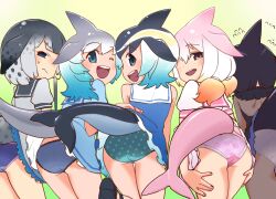 Rule 34 | 5girls, absurdres, ass, ass focus, blue eyes, blue hair, blue panties, blush, cetacean tail, cherry blossom print, chinese white dolphin (kemono friends), clothes lift, common bottlenose dolphin (kemono friends), common dolphin (kemono friends), diamond (shape), dolphin girl, dot nose, dress, dress lift, female focus, fins, fish tail, floral print, frilled panties, frills, from behind, furrowed brow, gradient background, gradient hair, grey eyes, grey hair, hands on own thighs, happy, head fins, highres, kemono friends, light blue hair, looking at viewer, medium hair, miniskirt, multicolored clothes, multicolored hair, multicolored panties, multiple girls, narwhal (kemono friends), ogihara mach, one eye closed, open mouth, orca (kemono friends), panties, pink hair, presenting, puffy sleeves, sailor collar, sailor dress, short hair, shoulder blades, showing panties, sidelocks, simple background, skirt, smile, sweatdrop, teeth, thighs, twintails, underwear, upper teeth only, upskirt, white hair, white panties, wink