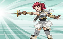 Rule 34 | 00s, aria (magic sword), aria (sword), armor, bad id, bad pixiv id, cecily cambell, elbow gloves, gloves, leotard, red eyes, red hair, rohitsuka, seiken no blacksmith, solo, sword, thighhighs, weapon