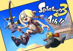 Rule 34 | 1girl, anniversary, backpack, bag, bike shorts, blonde hair, bow (weapon), brown bag, commentary request, copyright name, glint, highres, holding, holding bow (weapon), holding weapon, inkling, inkling girl, inkling player character, jumping, long hair, nintendo, open mouth, pointy ears, shirt, shoes, smallfry (splatoon), splatoon (series), splatoon 3, tri-stringer (splatoon), weapon, white shirt, xdies ds, yellow eyes