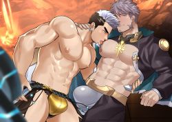 Rule 34 | 2boys, abs, bara, bare pectorals, black hair, black shirt, blush, bulge, clothing cutout, commission, couple, crotchless, crotchless pants, earrings, facial hair, goatee, green eyes, gyee, hand on another&#039;s neck, hand on another&#039;s waist, highres, jewelry, kienbiu, large pectorals, licking, long sideburns, male focus, multicolored hair, multiple boys, muscular, navel, nipples, pectorals, purple hair, second-party source, shirt, topless male, short hair, shrug (clothing), sideburns, spread legs, su (gyee), sucking male nipple, thick thighs, thigh cutout, thighs, tongue, tongue out, two-tone hair, yan (gyee), yaoi