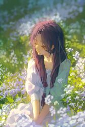Rule 34 | 1girl, absurdres, blurry, blush, buttoned cuffs, buttons, closed eyes, cowboy shot, depth of field, dress, facing to the side, field, flower, flower field, grass, hair over shoulder, hands on lap, highres, li nauu, long hair, long sleeves, low-tied long hair, mole, mole under eye, mole under mouth, original, own hands together, parted bangs, photo-referenced, purple hair, sitting, solo, white dress, white flower