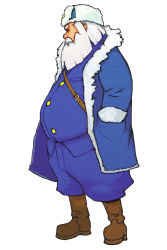 Rule 34 | 1boy, advance wars, advance wars: dual strike, beard, black eyes, boots, coat, facial hair, full body, fur hat, fur trim, hand in pocket, hat, highres, hirata ryou, male focus, military, military uniform, nintendo, official art, olaf (advance wars), open clothes, plump, profile, short hair, simple background, solo, standing, strap, uniform, whip (famicom wars), white hair