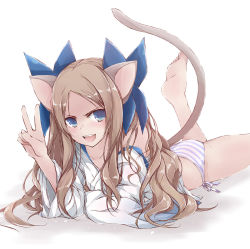 Rule 34 | 10s, 1girl, animal ears, asakaze (kancolle), ass, barefoot, blue eyes, blush, bow, brown hair, commentary request, feet, hair bow, japanese clothes, kantai collection, kemonomimi mode, legs up, long hair, looking at viewer, lying, meiji schoolgirl uniform, on stomach, open mouth, panties, ribbon, soles, solo, striped clothes, striped panties, tail, teeth, the pose, toes, underwear, v, wavy hair, yumesato makura