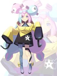 Rule 34 | 1girl, aqua hair, bike shorts, blue eyes, boots, breasts, character hair ornament, commentary request, creatures (company), eyelashes, full body, game freak, grey footwear, grey pantyhose, grey shirt, grin, hair ornament, highres, iono (pokemon), jacket, knees, looking at viewer, multicolored hair, nintendo, pantyhose, pink hair, pokemon, pokemon sv, shirt, single leg pantyhose, sleeveless, sleeveless shirt, sleeves past fingers, sleeves past wrists, small breasts, smile, star (symbol), star print, teeth, tenshu (mighto), thigh strap, twintails, two-tone hair, yellow jacket, zoom layer