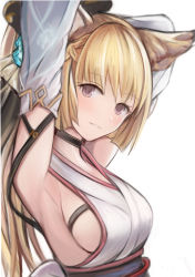 Rule 34 | 1girl, animal ears, armpits, arms behind head, arms up, bare shoulders, black choker, blonde hair, blurry, breasts, brown eyes, choker, detached sleeves, erune, granblue fantasy, hair ornament, japanese clothes, long hair, long sleeves, looking at viewer, medium breasts, nannacy7, obi, sash, sideboob, simple background, solo, upper body, white background, yuisis (granblue fantasy)