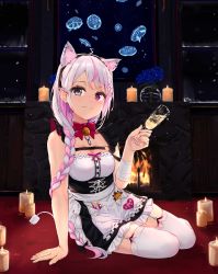 Rule 34 | 1girl, absurdres, alcohol, animal ear fluff, animal ears, apron, bandaged arm, bandages, barcode, barcode tattoo, bare shoulders, bell, blush, bow, braid, breasts, cable, cable tail, candle, cat ears, cat girl, champagne, champagne flute, cleavage, closed mouth, cup, drinking glass, earrings, electric plug, fire, fireplace, frills, garter straps, grey eyes, hair ornament, heterochromia, highres, holding, holding cup, jellyfish, jewelry, jingle bell, lolo (vtuber), long hair, looking at viewer, maid, maid apron, mechanical tail, medium breasts, multicolored hair, na kyo, pink hair, purple eyes, red bow, sitting, smile, solo, streaked hair, tail, tattoo, thighhighs, two-tone hair, very long hair, virtual youtuber, white thighhighs