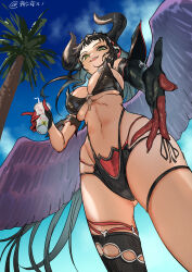 Rule 34 | 1girl, asymmetrical gloves, bikini, black bikini, black footwear, black gloves, black hair, blue sky, boots, breasts, commentary request, cup, demon horns, disposable cup, elbow gloves, from below, gloves, granblue fantasy, green eyes, highleg, highleg bikini, highres, holding, holding cup, horns, large breasts, long hair, looking at viewer, magus (granblue fantasy), mismatched gloves, multi-strapped bikini bottom, navel, open mouth, outstretched arm, outstretched hand, palm tree, pro-lunon, reaching, reaching towards viewer, red gloves, single elbow glove, single thigh boot, sky, smile, solo, swimsuit, thigh boots, tree, two-tone gloves, very long hair, wings
