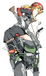 Rule 34 | 10s, 1girl, anchor hair ornament, bad id, bad nicoseiga id, between breasts, blonde hair, blue eyes, breasts, from behind, gloves, goggles, goggles on head, grey thighhighs, gun, hair ornament, helmet, highres, kantai collection, long hair, looking at viewer, low twintails, machine gun, mg42, motor vehicle, motorcycle, ninimo nimo, prinz eugen (kancolle), simple background, skirt, solo, thighhighs, twintails, vehicle, weapon, white background, white gloves