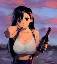 Rule 34 | 1girl, arm behind head, artist name, bare arms, bare shoulders, beach, black hair, bottle, breasts, brown eyes, cleavage, collarbone, commentary, earrings, english commentary, evening, final fantasy, final fantasy vii, head tilt, highres, holding, holding bottle, jewelry, large breasts, long hair, looking at viewer, optionaltypo, outdoors, smile, solo, square enix, suspenders, tank top, tifa lockhart, very long hair, water, white tank top
