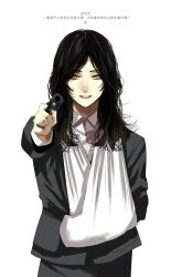 Rule 34 | 1girl, aiming, aiming at viewer, arm sling, black hair, black jacket, commentary request, cowboy shot, finger on trigger, grey eyes, gun, handgun, highres, holding, holding gun, holding weapon, hoshi san 3, jacket, long hair, looking at viewer, parted lips, solo, spec, touma saya, translation request, weapon, white background