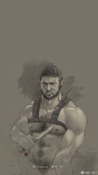 Rule 34 | 1boy, absurdres, bara, chest hair, chris redfield, closed mouth, facial hair, highres, holding, holding knife, holding weapon, holster, instagram username, knife, large pectorals, male focus, male pubic hair, monochrome, muscular, muscular male, navel, nipples, nude, pectorals, pubic hair, resident evil, resident evil village, short hair, shoulder holster, solo, upper body, weapon, weibo username, youngyee art