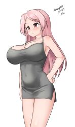 Rule 34 | 1girl, absurdres, alternate costume, breasts, cleavage, covered navel, dress, grey dress, hand on own hip, highres, kantai collection, large breasts, long hair, luigi di savoia duca degli abruzzi (kancolle), maru (marg0613), one-hour drawing challenge, pink eyes, pink hair, side slit, simple background, sleeveless, sleeveless dress, solo, spaghetti strap, standing, white background