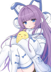 Rule 34 | 1girl, :o, absurdres, animal, azur lane, bird, blue eyes, blunt bangs, blush, chick, commentary request, dawa, dress, feet out of frame, fur-trimmed dress, fur-trimmed sleeves, fur trim, head tilt, highres, knees together feet apart, knees up, long sleeves, looking at viewer, manjuu (azur lane), parted lips, purple hair, simple background, sitting, sleeves past fingers, sleeves past wrists, solo, tashkent (azur lane), thighhighs, white background, white dress, white thighhighs