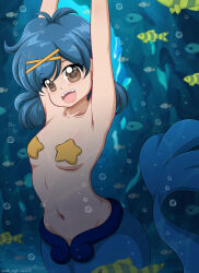 Rule 34 | 1girl, blue hair, breasts, brown eyes, highres, houshou hanon, medium breasts, mermaid, mermaid melody pichi pichi pitch, monster girl, navel, open mouth, small breasts, smile, solo, starfish, wah-ngt
