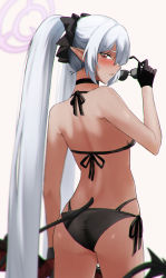 Rule 34 | 1girl, ass, bare shoulders, bikini, black bikini, blue archive, blurry, blurry background, blurry foreground, blush, bolt action, bow, breasts, choker, cowboy shot, dark-skinned female, dark skin, demon tail, depth of field, elf, from behind, gloves, grey hair, gun, halo, highres, holding, iori (blue archive), iori (swimsuit) (blue archive), long hair, looking at viewer, looking back, mauser 98, multi-strapped bikini bottom, official alternate costume, parted lips, pointy ears, ponytail, red eyes, rifle, shoulder blades, side-tie bikini bottom, solo, string bikini, sunglasses, swimsuit, tail, twintails, very long hair, weapon, yoo tenchi