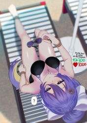 1girl ? anklet beach black_one-piece_swimsuit breasts chair from_above highres holding holding_removed_eyewear hololive hololive_indonesia jewelry jitome kaiyen large_breasts long_hair lounge_chair moona_hoshinova one-piece_swimsuit ponytail purple_eyes purple_hair spoken_question_mark sunglasses swimsuit unworn_eyewear virtual_youtuber