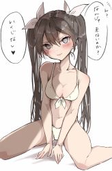 Rule 34 | 1girl, bikini, breasts, brown hair, chigasaki yukari, cleavage, collarbone, front-tie top, grey eyes, hair between eyes, hair ribbon, highres, kantai collection, long hair, looking at viewer, ribbon, simple background, sitting, small breasts, solo, swimsuit, tone (kancolle), translation request, twintails, wariza, white background, white bikini