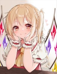 Rule 34 | 1girl, artist name, ascot, blonde hair, blurry, blush, closed mouth, commentary request, crystal, depth of field, flandre scarlet, glint, hands on chin, haruki (colorful macaron), heart, highres, looking at viewer, no headwear, one side up, pointy ears, puffy short sleeves, puffy sleeves, red eyes, red vest, short hair, short sleeves, simple background, smile, solo, touhou, upper body, vest, white background, wings, wrist cuffs, yellow ascot