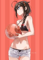 Rule 34 | 1girl, ahoge, ball, beachball, bikini, black bikini, black hair, blue eyes, braid, breasts, collarbone, commentary request, cowboy shot, hair flaps, hair ornament, hair over shoulder, highres, kantai collection, long hair, looking to the side, open fly, red background, shigure (kancolle), shigure kai ni (kancolle), shorts, single braid, small breasts, solo, striped, striped background, sugue tettou, swimsuit, unbuttoned, white shorts