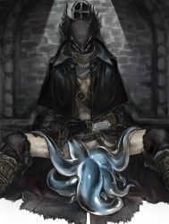 Rule 34 | 1boy, absurdres, armor, bare pectorals, belt, black capelet, black gloves, black headwear, bloodborne, capelet, covered mouth, creature, dungeon, eldritch abomination, gloves, hat, highres, hunter (bloodborne), implied fellatio, indoors, light rays, looking down, male focus, mask, mouth mask, pectorals, pilgrim (silentreverie), sitting, solo focus, spread legs, torn, torn clothes, vambraces
