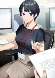 Rule 34 | 1girl, black hair, black shirt, blue nails, blurry, blurry foreground, bracelet, brown pantyhose, brown skirt, chair, commentary request, depth of field, doushimasho, earrings, hand up, highres, holding, holding paper, id card, indoors, jewelry, keyboard (computer), lanyard, looking at viewer, mole, mole on arm, monitor, nail polish, office, office chair, office lady, original, pantyhose, paper, parted lips, pencil skirt, shirt, shirt tucked in, short hair, short sleeves, sitting, skirt, solo focus, swivel chair