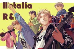 Rule 34 | 5boys, ahoge, america (hetalia), arm up, axis powers hetalia, band, bass guitar, blonde hair, blue eyes, blue jacket, blue scarf, brown eyes, brown hair, china (hetalia), copyright name, drum, drum set, drumsticks, earrings, electric guitar, france (hetalia), glasses, green eyes, green shirt, grin, guitar, highres, holding, holding instrument, holding violin, instrument, jacket, jewelry, leather, leather jacket, long sleeves, looking at viewer, male focus, microphone, microphone stand, multiple boys, music, open mouth, overalls, pink shirt, playing instrument, ponytail, purple eyes, russia (hetalia), scarf, shirt, short hair, sleeves rolled up, smile, t-shirt, united kingdom (hetalia), violin, white hair, white overalls, white shirt, zhongerweiyuan