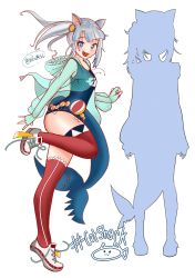 Rule 34 | 1girl, animal ears, ball, beachball, blue eyes, blue hair, buoy, cat ears, fins, fish tail, gawr gura, highres, hololive, hololive english, hood, hood down, hoodie, multicolored hair, school swimsuit, see-through, shark tail, sharp teeth, shoes, side ponytail, smile, sneakers, solo, stefiemisc, swimsuit, swimsuit under clothes, tagme, tail, teeth, thighhighs, untied footwear, virtual youtuber, white hair, zettai ryouiki